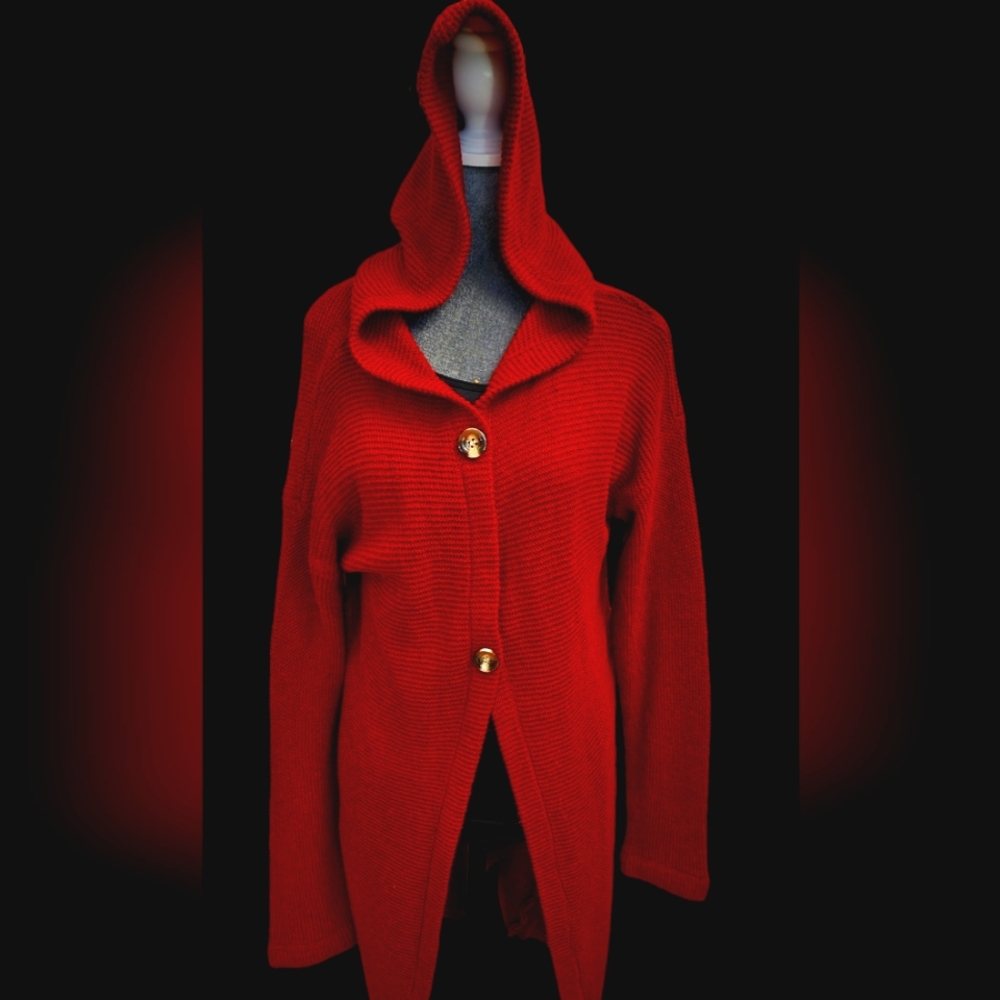 Red Hooded Cardigan with Gold Buttons- Small -New Condition